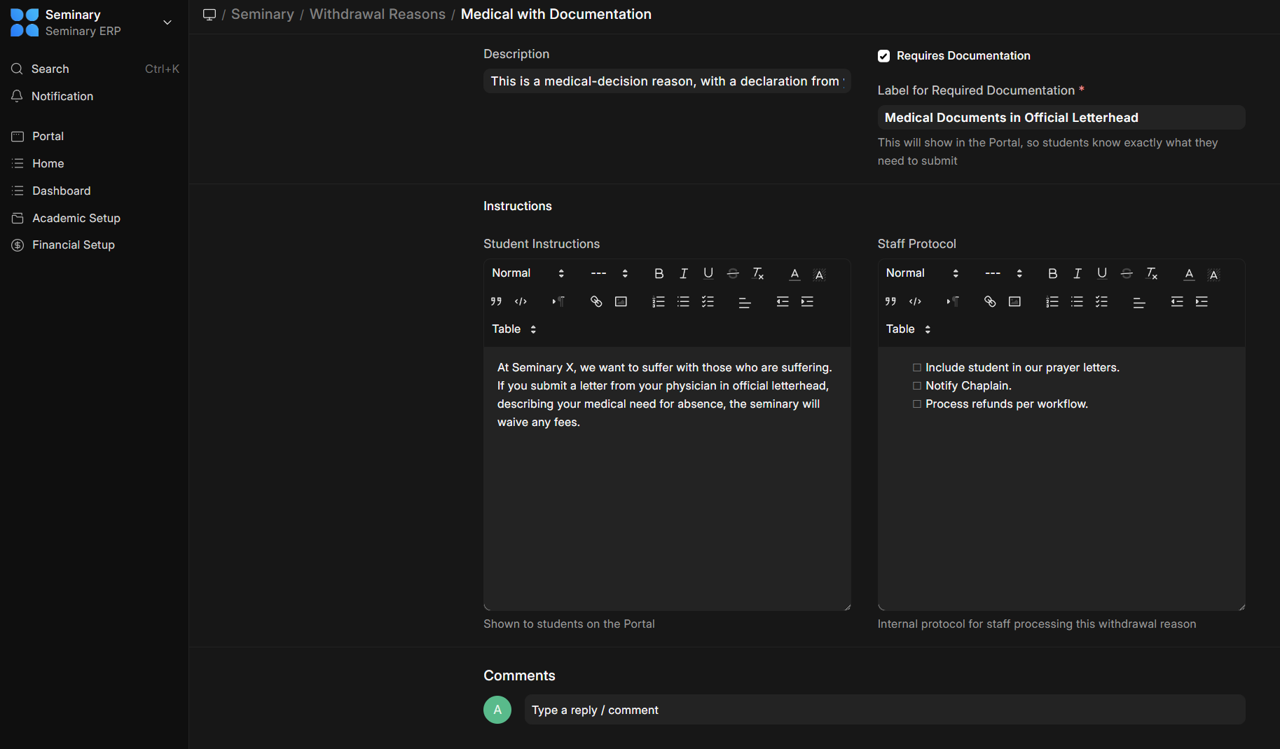 Withdrawal Reasons screen