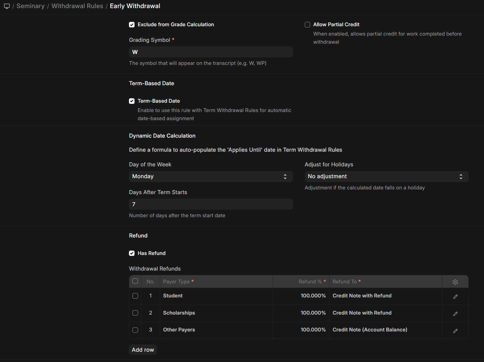 Withdrawal Rules screen
