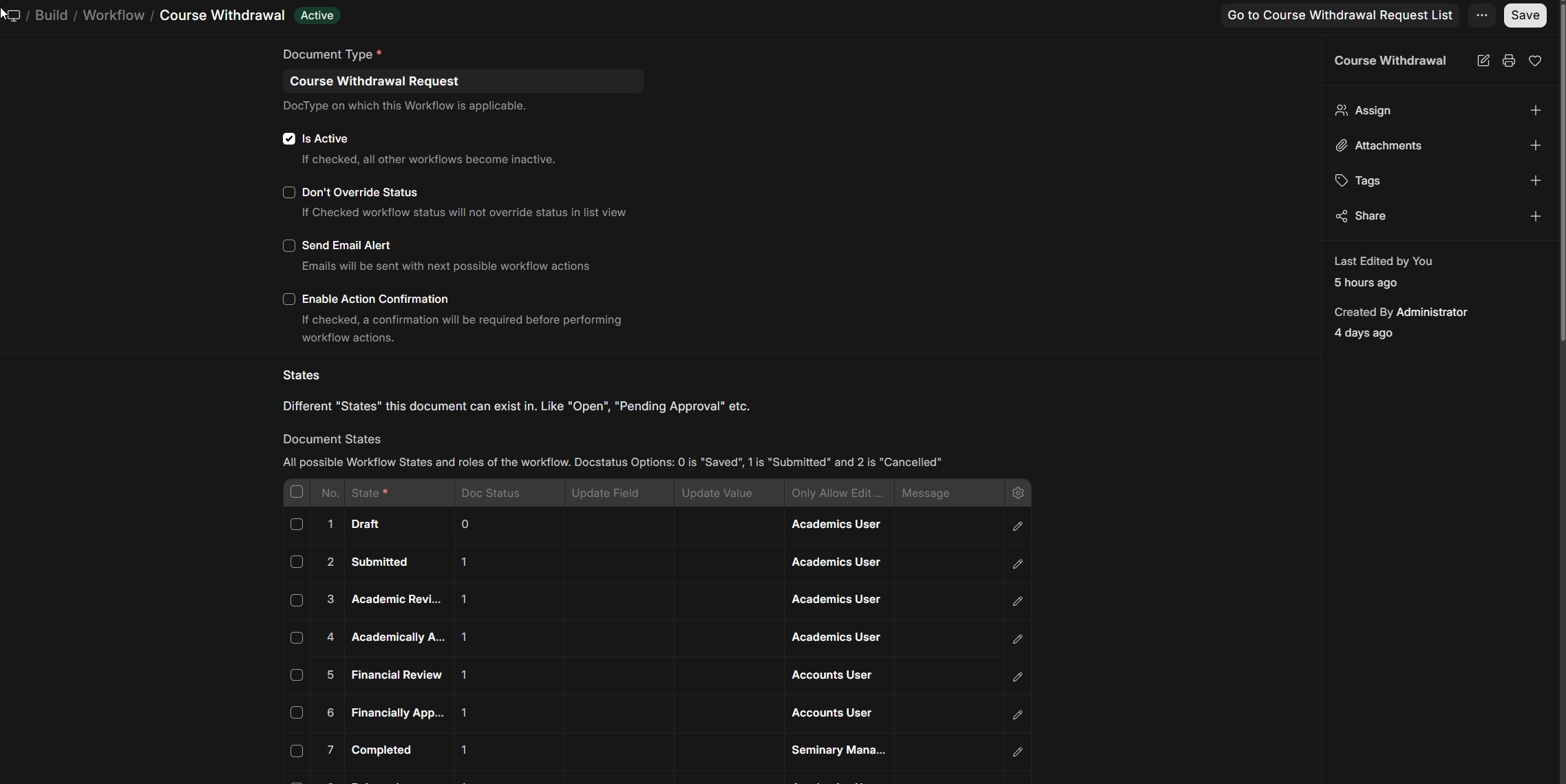 Withdrawal Workflow screen