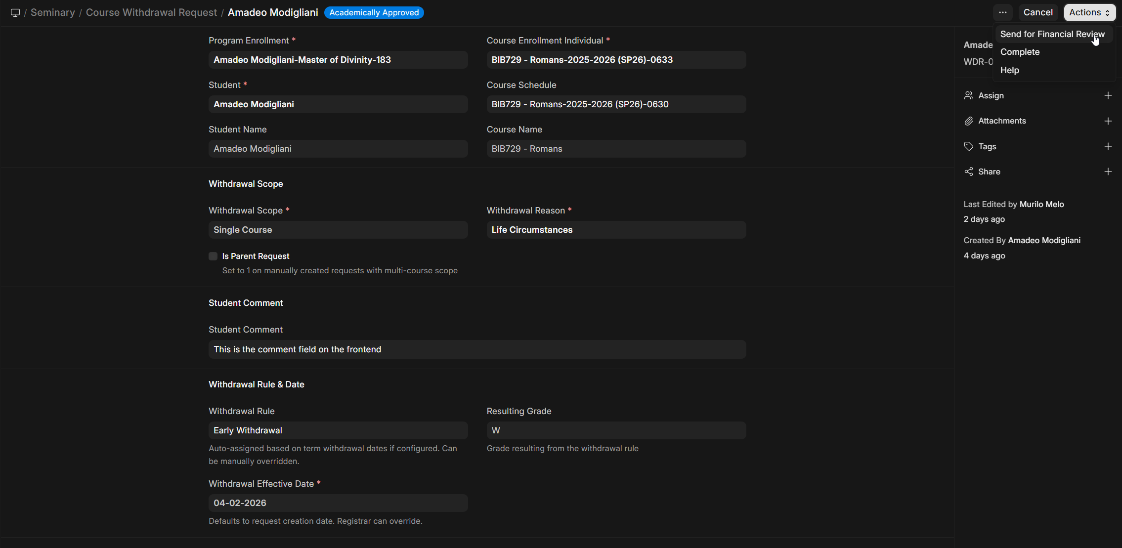 Withdrawal Requests Desk screen