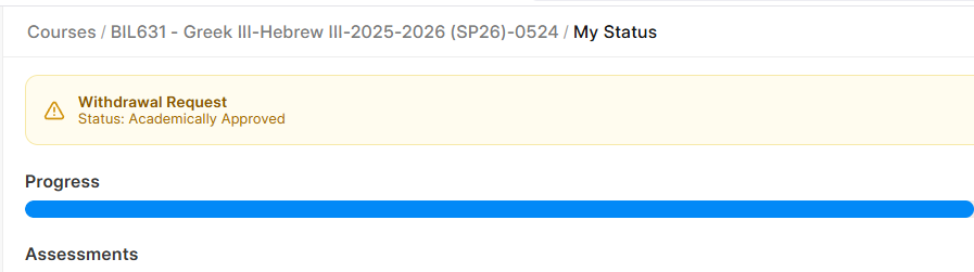 Withdrawal Requests Portal Status screen